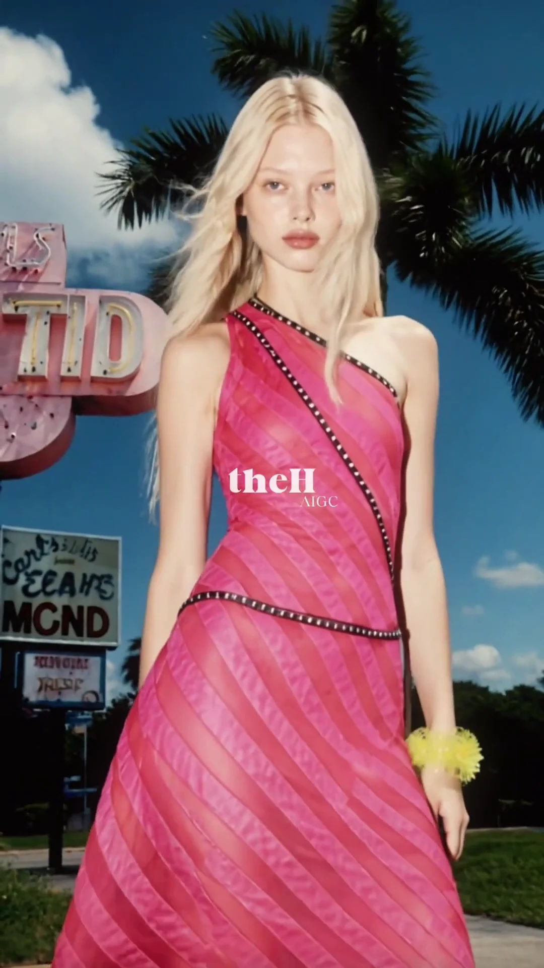 A model in a pink dress and red boots beside a pink motel sign