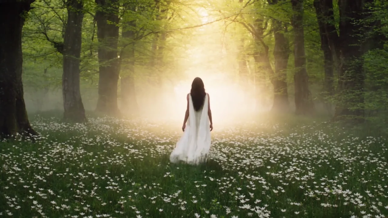 A woman in a white dress standing among flowers in a sunlit forest