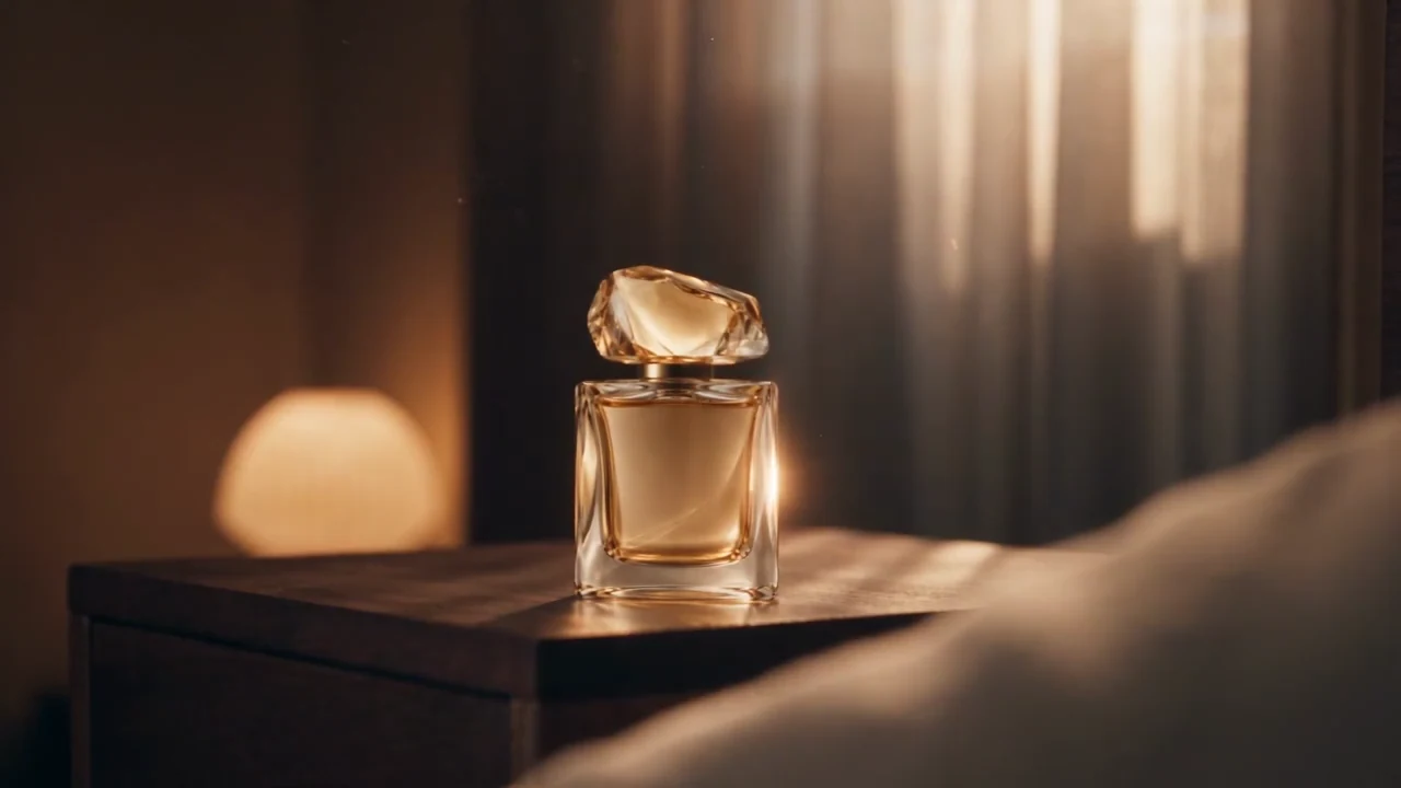 A fragrance bottle in warm light beside soft fabric