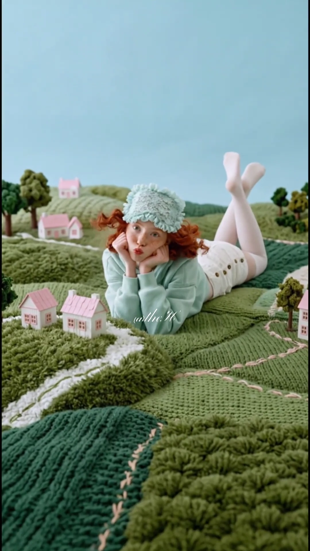 A woman wearing a pale green sleep mask in a miniature dreamlike landscape