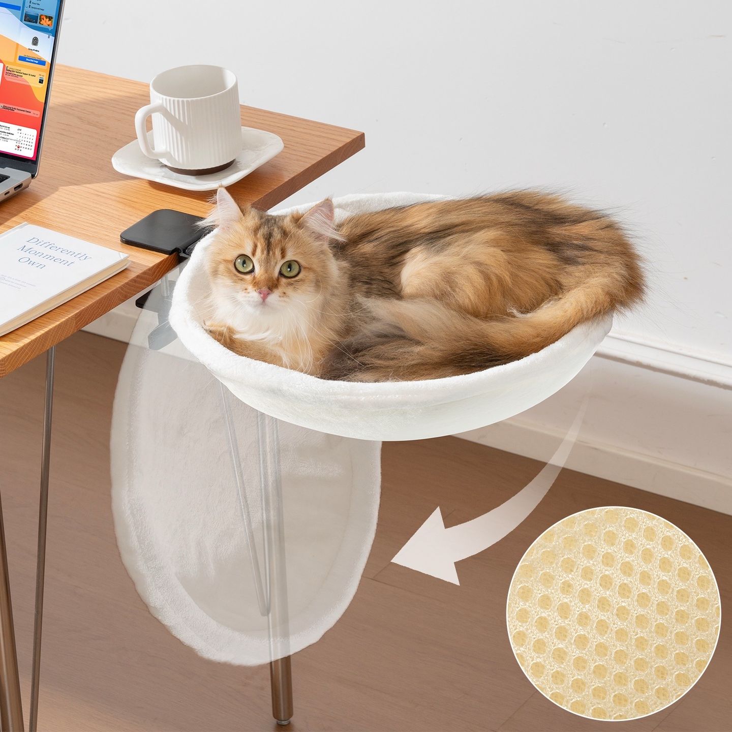A desk-mounted cat perch with a close-up inset of its mesh base