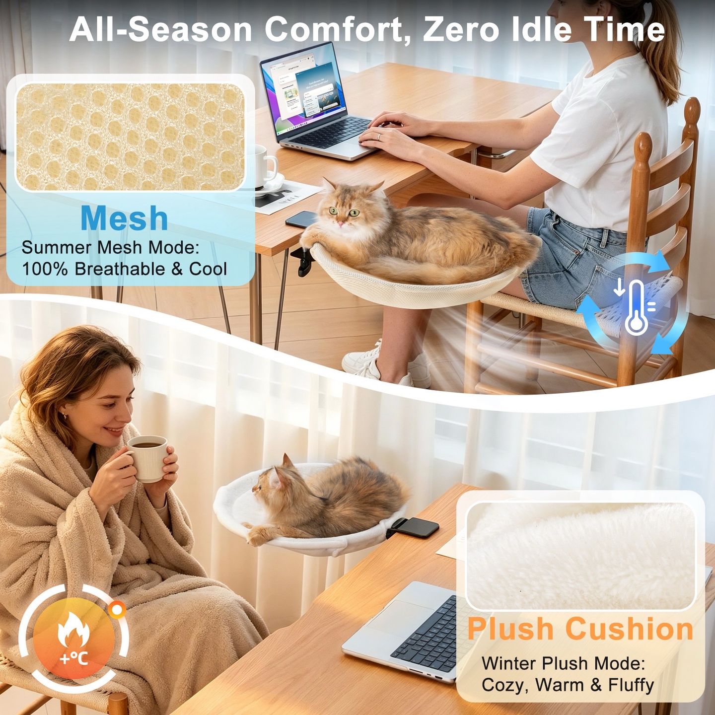 A split listing layout showing the mesh base and plush cushion in use