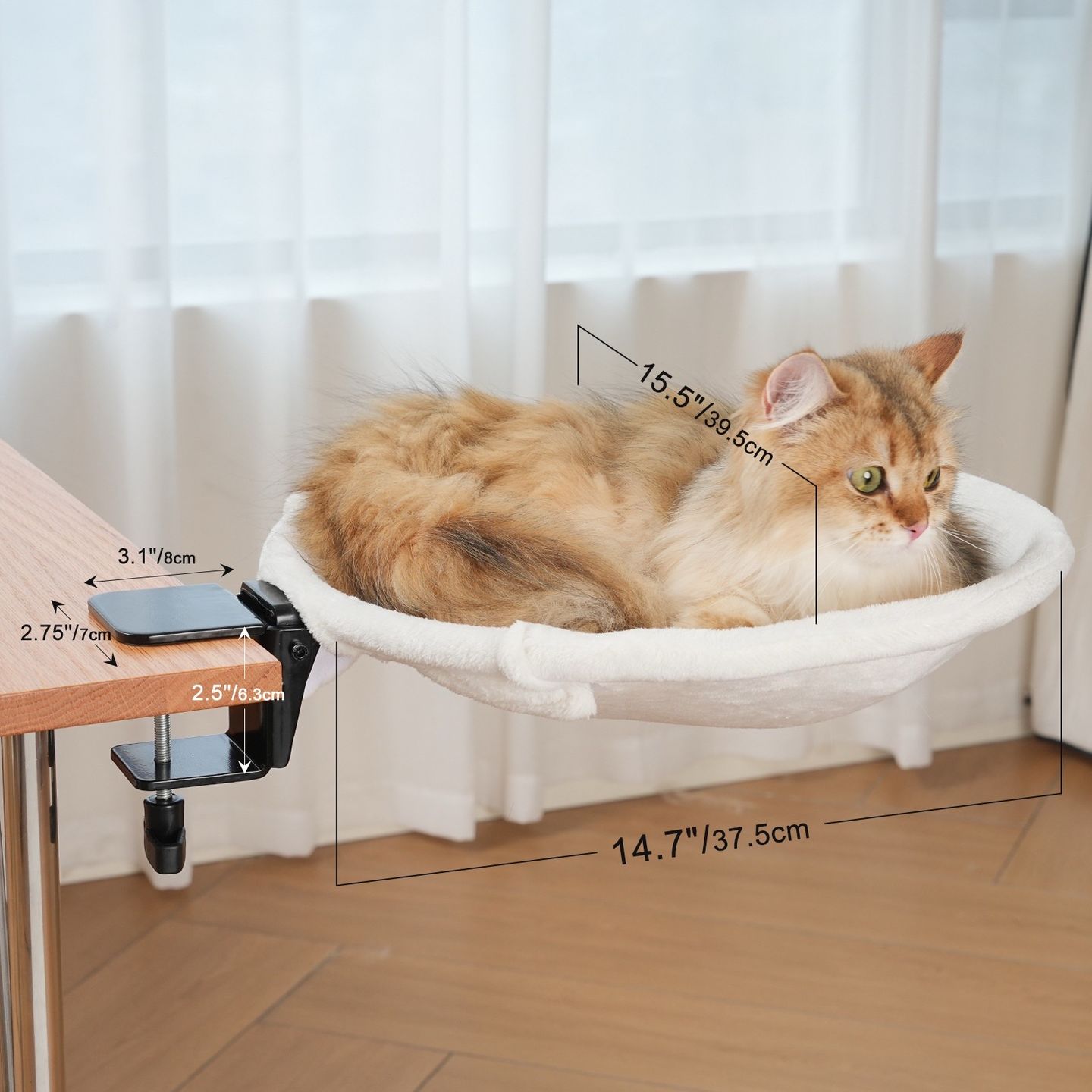 A cat resting in the perch, with product dimensions marked around the image