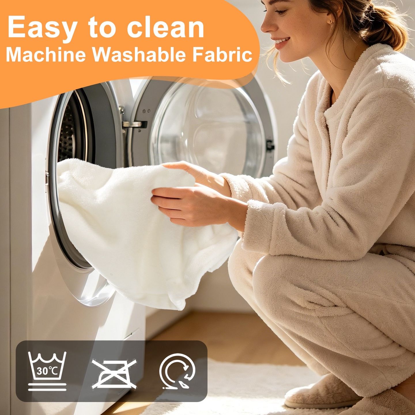 A listing layout showing the removable cushion being placed in a washing machine