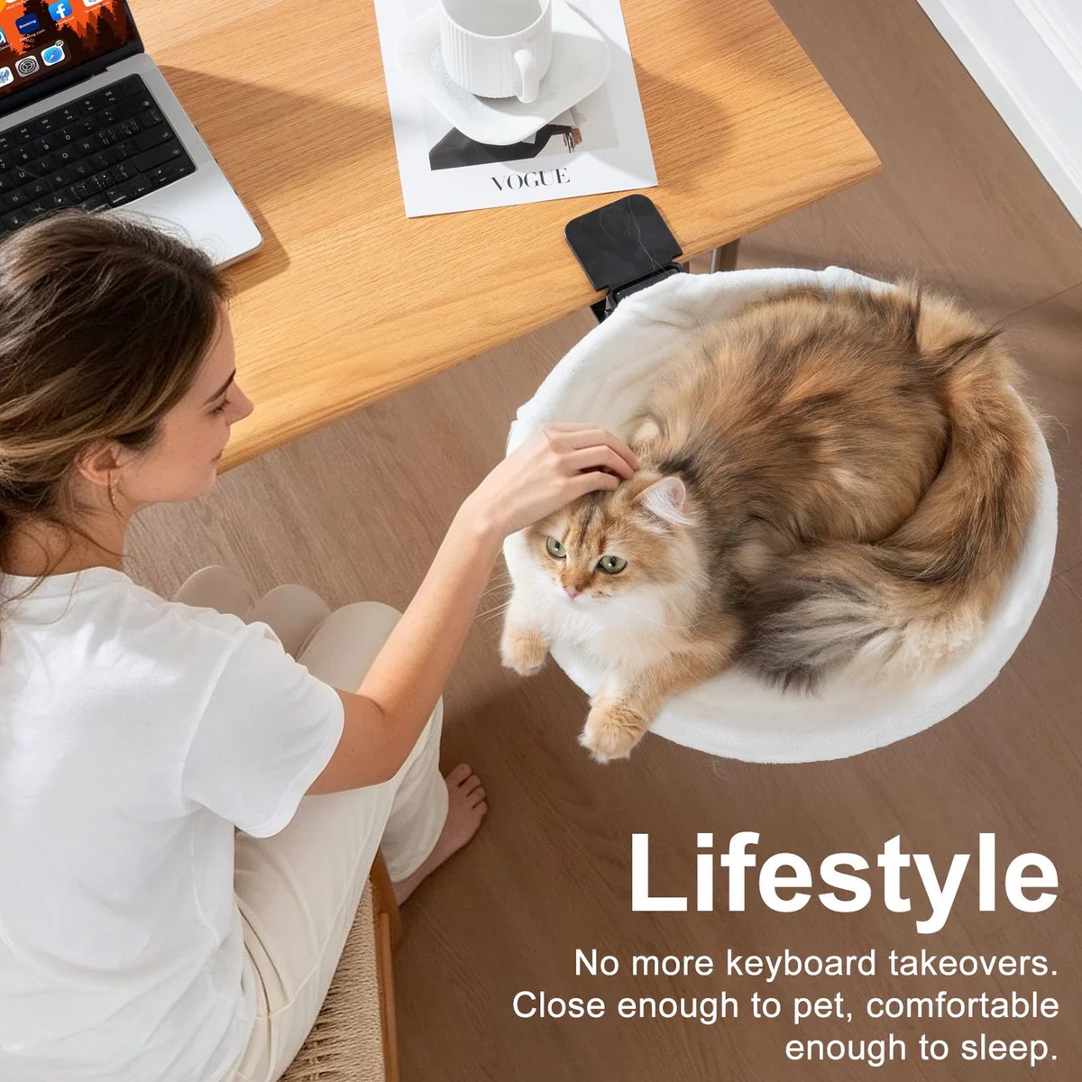A cat in a desk-mounted perch beside its owner, with a lifestyle headline