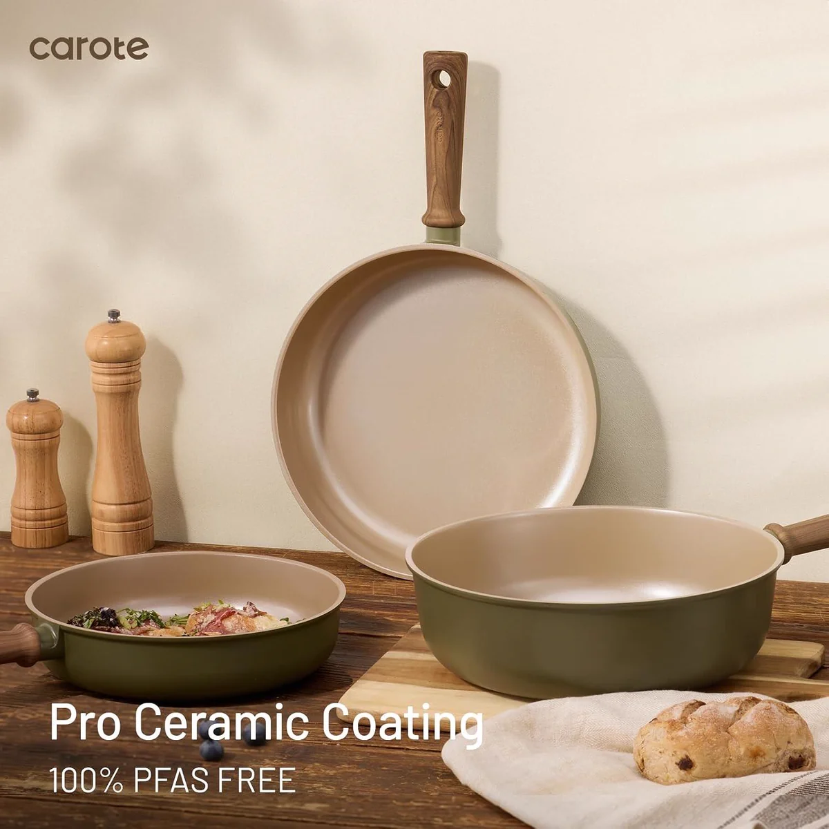 Green cookware arranged on a wood counter with a coating headline