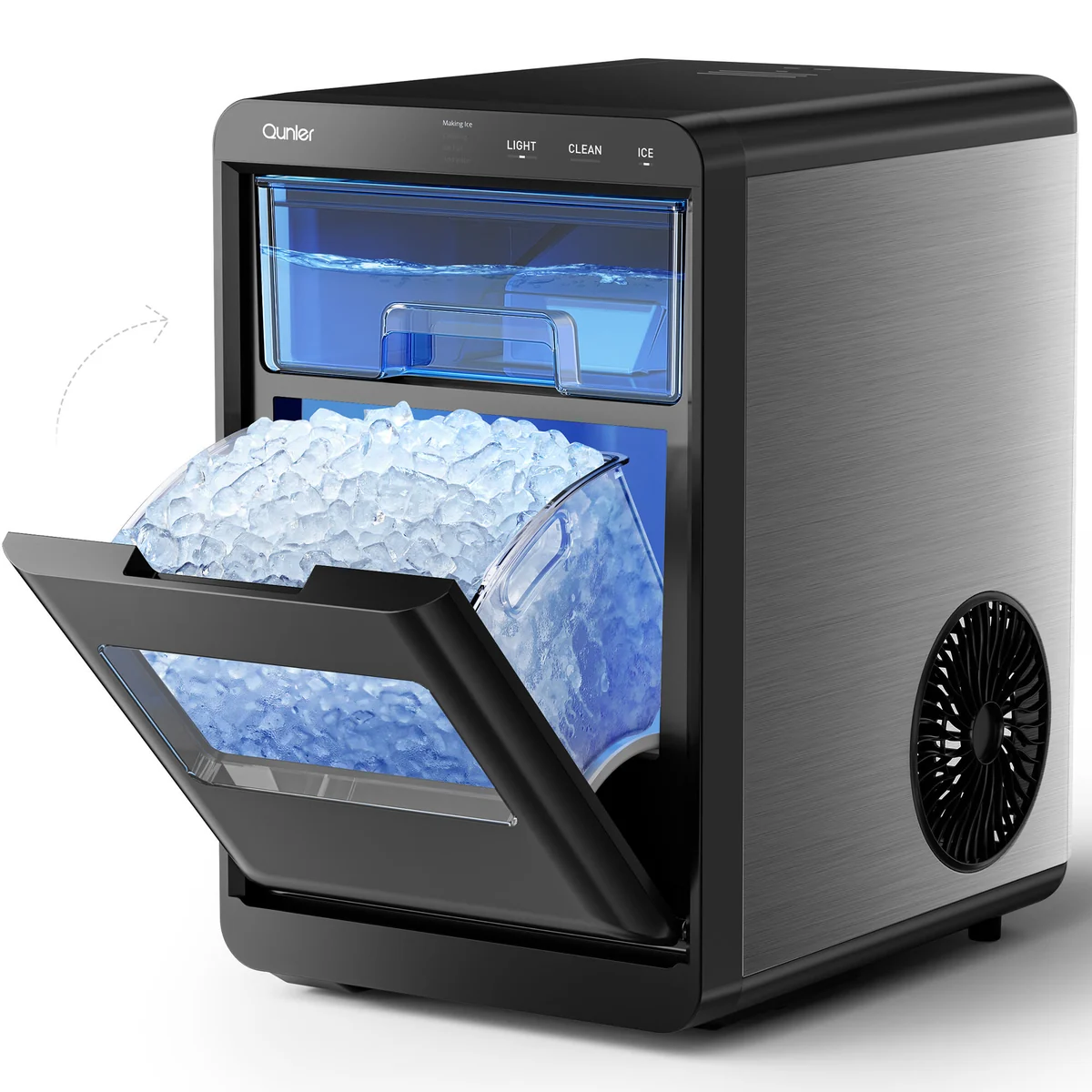 Countertop ice maker with its ice bin open