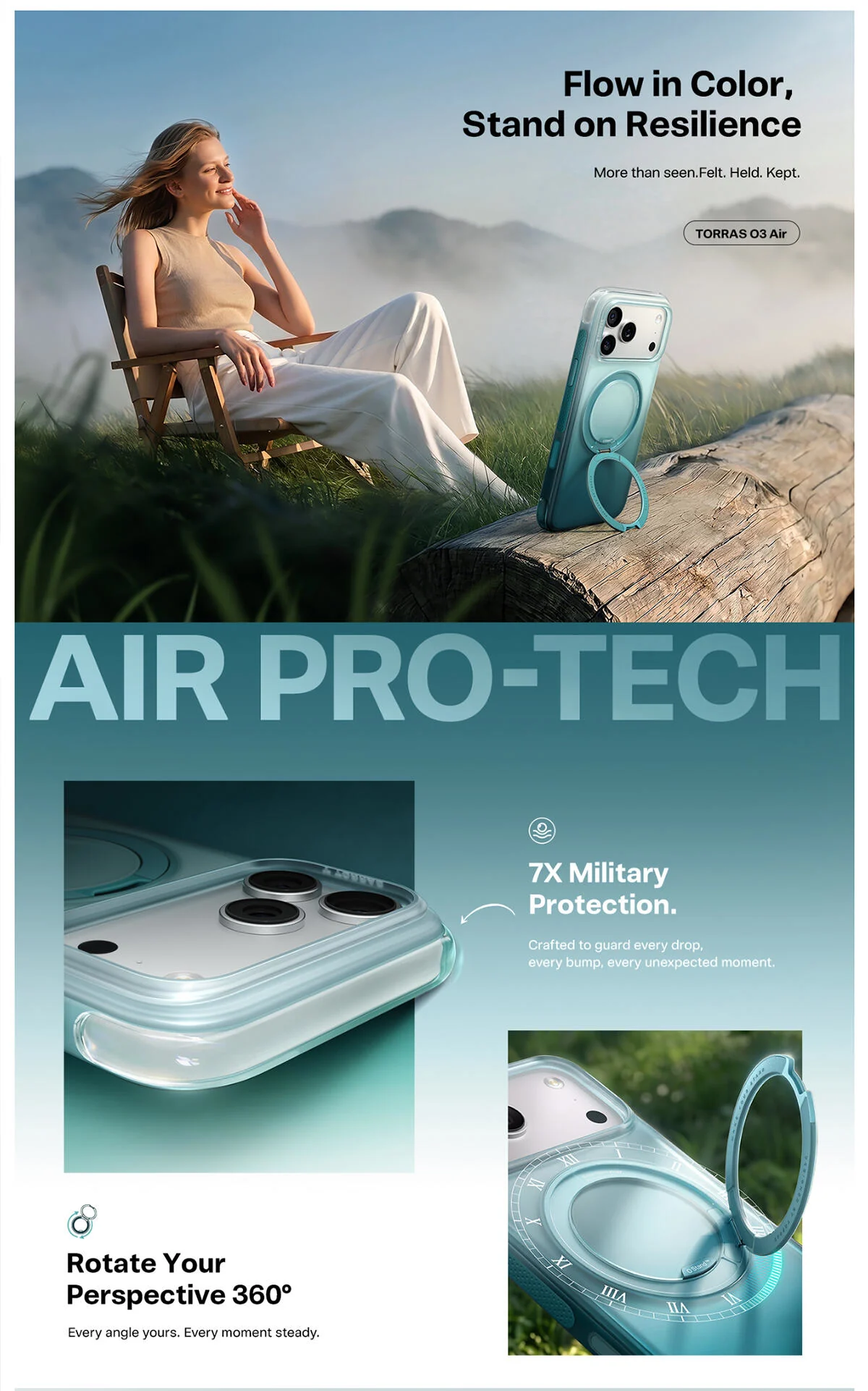 Cyan phone-case product-page layout with feature details and lifestyle scenes
