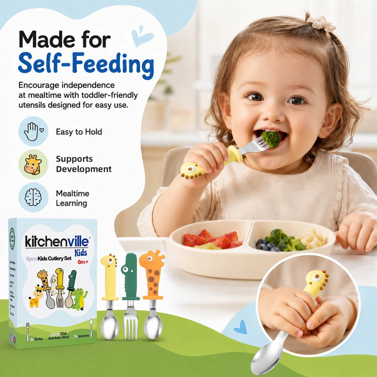 Toddler cutlery and packaging beside a child using a spoon